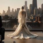 Bride standing at altar during wedding with stained gown and limp veil, silver ring at her feet, Chicago skyline behind