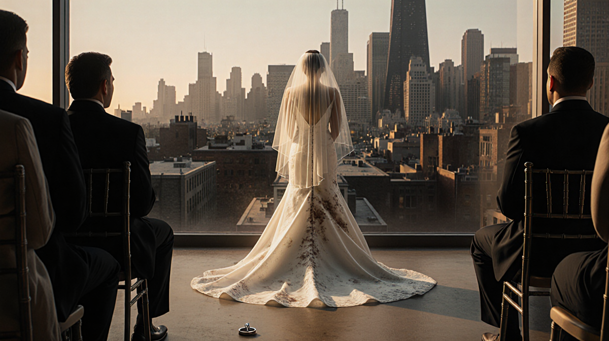 Bride standing at altar during wedding with stained gown and limp veil, silver ring at her feet, Chicago skyline behind
