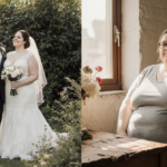 Bride showing before‑and‑after side‑by‑side images with wedding gown and casual outfit on wooden table near lush greenery