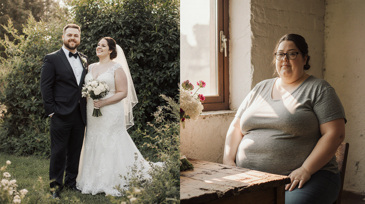 Bride showing before‑and‑after side‑by‑side images with wedding gown and casual outfit on wooden table near lush greenery