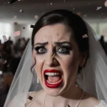 Bride showing horror with smeared makeup and bright lipstick against blurred wedding reception