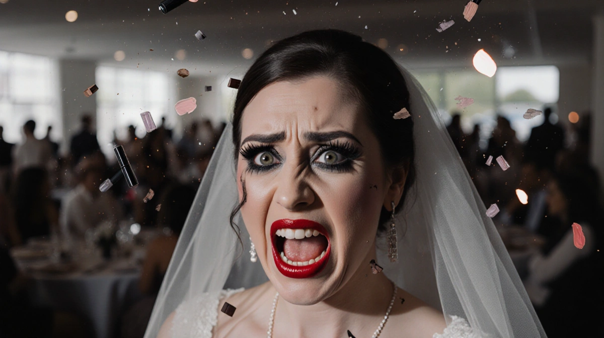 Bride showing horror with smeared makeup and bright lipstick against blurred wedding reception