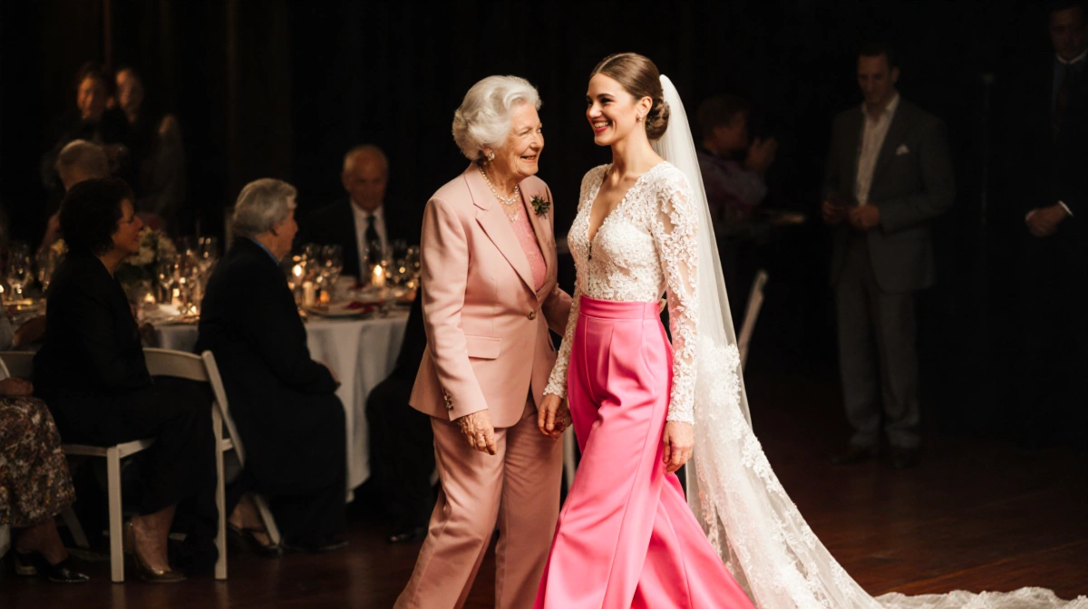 Bride revealing bright pink lace jumpsuit to smiling aunt at wedding reception with soft lighting highlighting their joy