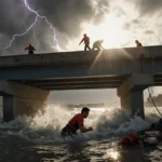 Man trapped beneath concrete bridge with rising water while lifeguards rush above under stormy skies