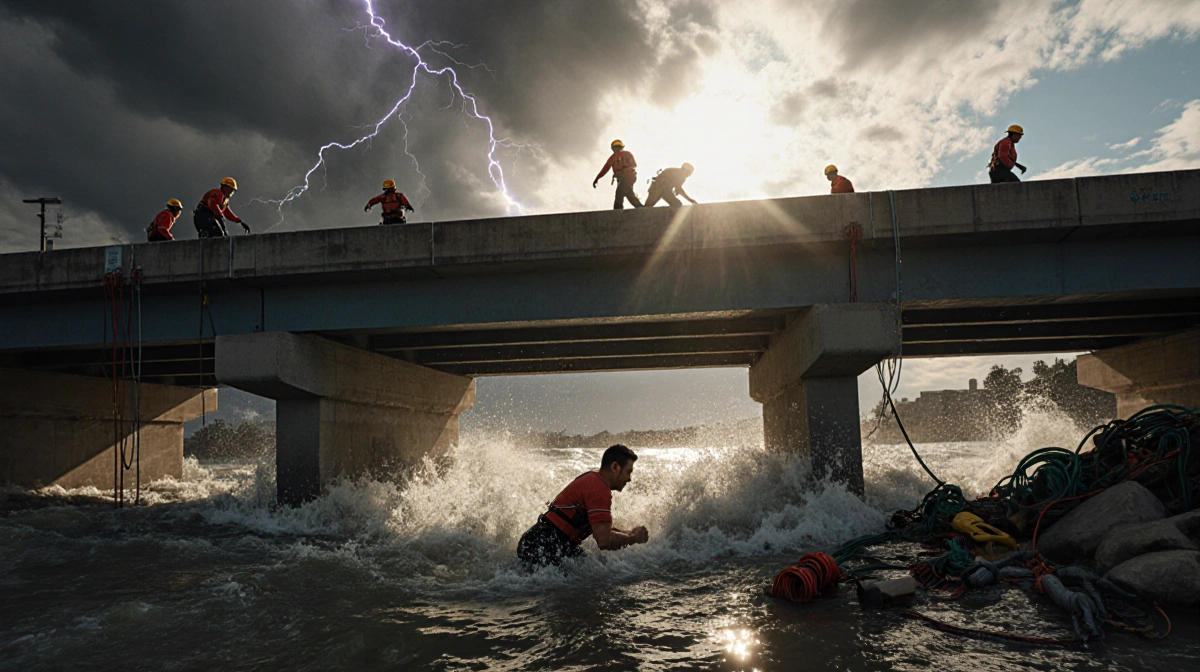 Man trapped beneath concrete bridge with rising water while lifeguards rush above under stormy skies
