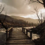 Wooden bridge spanning a swollen river with charred hillsides and leaning trees showing post‑wildfire vulnerability