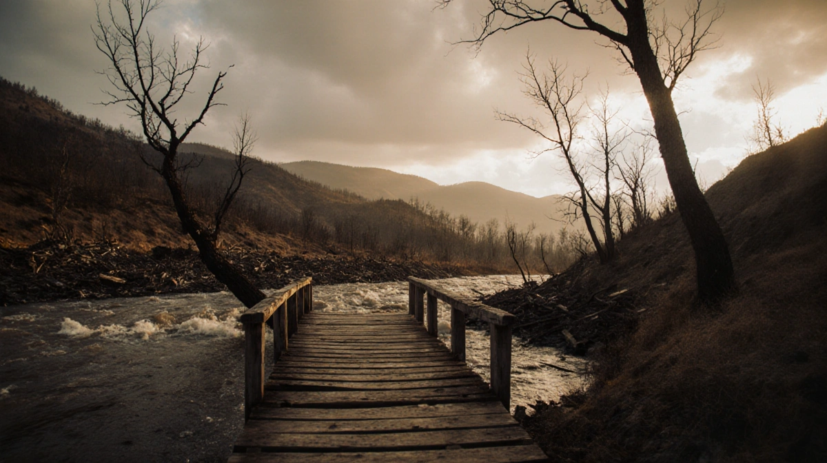 Wooden bridge spanning a swollen river with charred hillsides and leaning trees showing post‑wildfire vulnerability