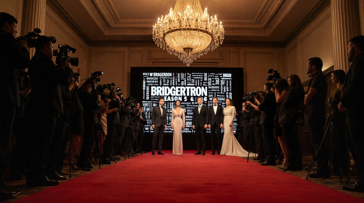 Celebrities pose on red carpet with Bridgerton Season 5 and 6 title screen and golden chandelier above