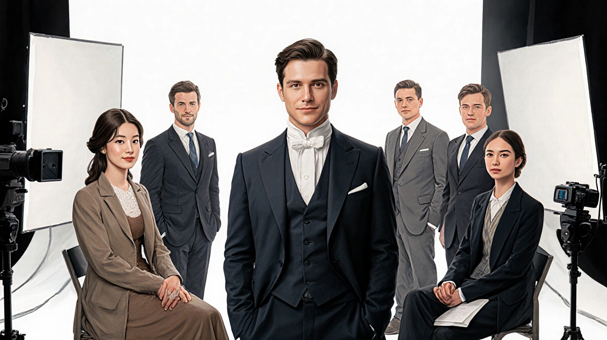 Luke Thompson poses with the Bridgerton cast on a studio set with scripts and cameras behind them