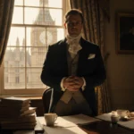 Bridgerton showrunner stands at ornate desk with scripts and coffee cups while Regency London glows through window