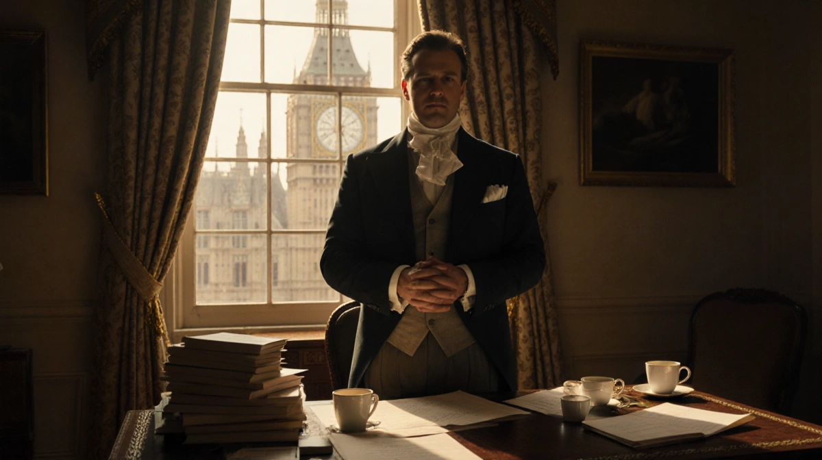 Bridgerton showrunner stands at ornate desk with scripts and coffee cups while Regency London glows through window
