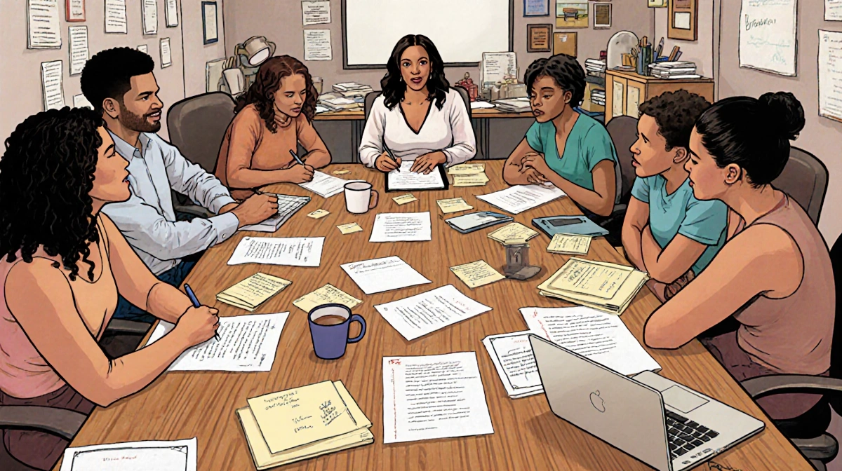 Shonda Rhimes leads diverse writers around table with laptops and scripts showing Bridgerton season 5 planning