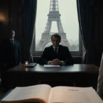 Brigitte Macron looking directly at camera with judge and glowing verdict Guilty