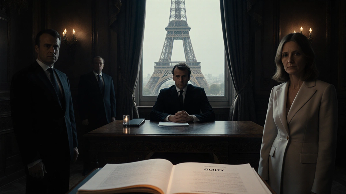 Brigitte Macron looking directly at camera with judge and glowing verdict Guilty