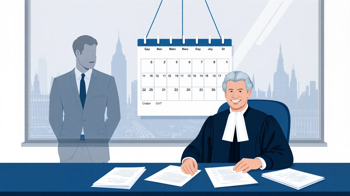 British judge sits at desk with papers and calendar while Prince Harry's silhouette appears through window