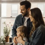 Britt Lower styling hair with family and child in cozy Brooklyn home with plants and natural light
