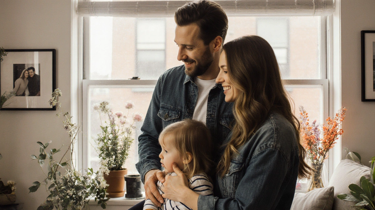 Britt Lower styling hair with family and child in cozy Brooklyn home with plants and natural light