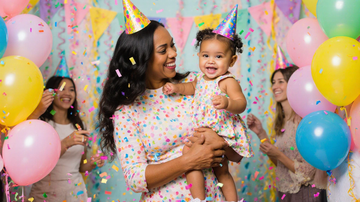 Brittany Mahomes hugging daughter Golden Raye with colorful balloons and confetti at first birthday celebration