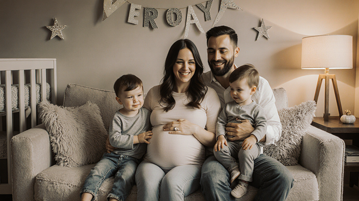 Brittany Miller sits on couch with husband and twin toddlers beside her in a warm joyful family moment.