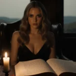 Brittany Snow sits in leather chair with candlelight illuminating her intense gaze and open book on desk