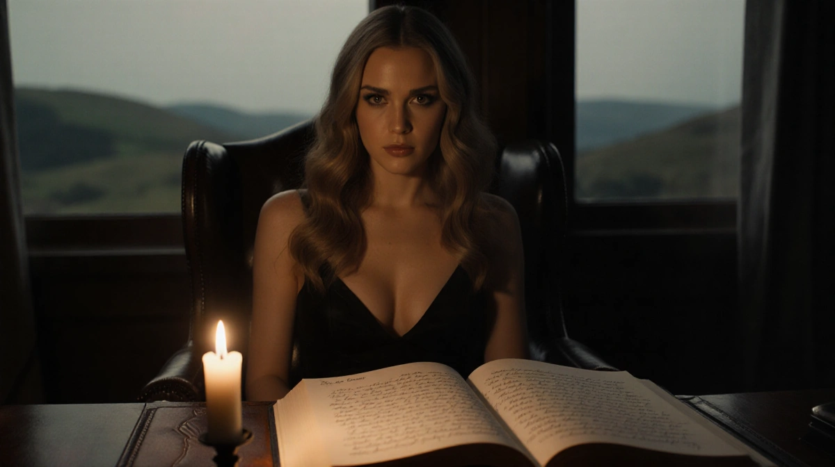 Brittany Snow sits in leather chair with candlelight illuminating her intense gaze and open book on desk