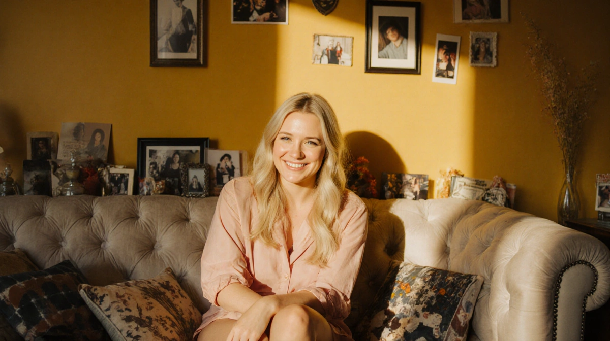 Brittany Snow sits on plush couch with nostalgic photos and golden light showing her wistful smile