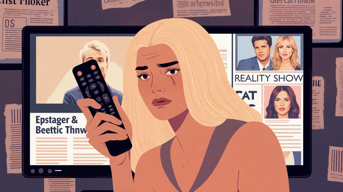 Brittany Snow sits with guilty expression holding remote while TV screens and newspaper clippings blur behind her