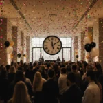 Crowd cheers around a giant countdown clock at The Broad with confetti and balloons swirling overhead during New Year