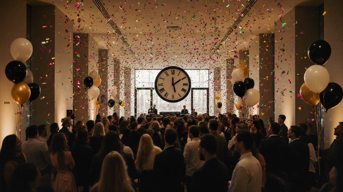 Crowd cheers around a giant countdown clock at The Broad with confetti and balloons swirling overhead during New Year