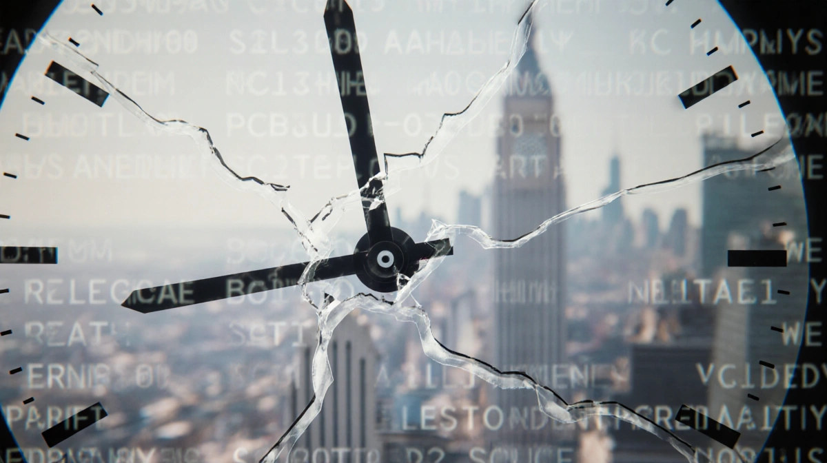 Broken clock hands with cracks showing unreliable time near blurred cityscape and faint caption text
