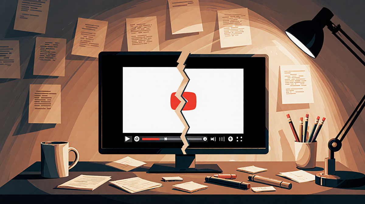 Broken long-form video player splits into completed and incomplete sections with scattered notes and AI analysis near the des