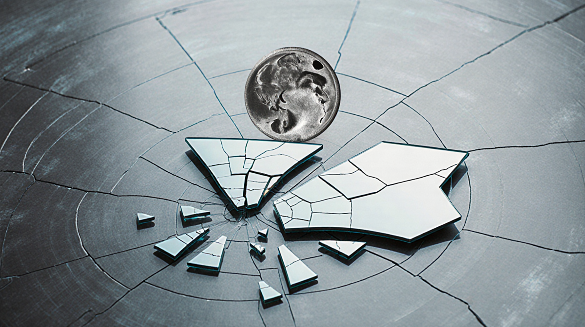 Shattered mirror lies on ground with cracked surface and subtle Mercury retrograde background hinting at financial confidence