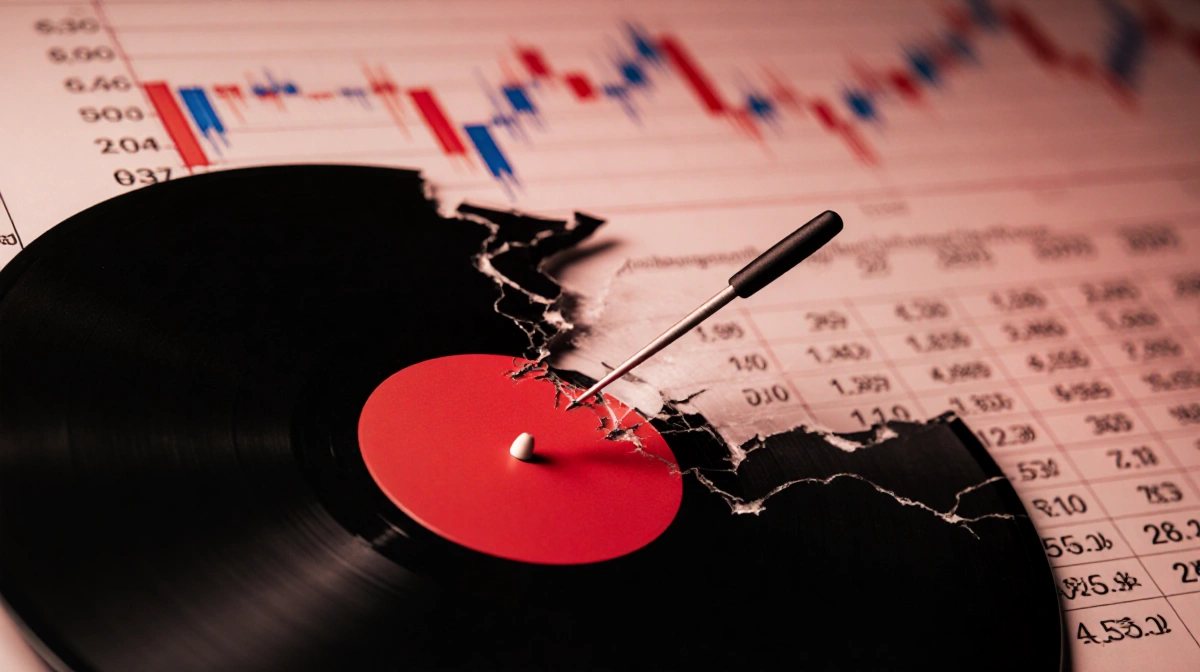 Cracked vinyl record with stuck needle shows investment chart with red warning tint