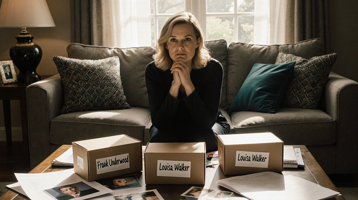 Bronwyn Newport sitting and gazing at boxers with divorce documents on a cluttered coffee table in warm natural light.
