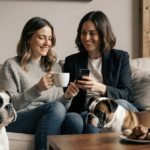 Bronwyn Newport sits on couch with her boxers playing at her feet while Mary Cosby smiles beside her holding coffee phone.
