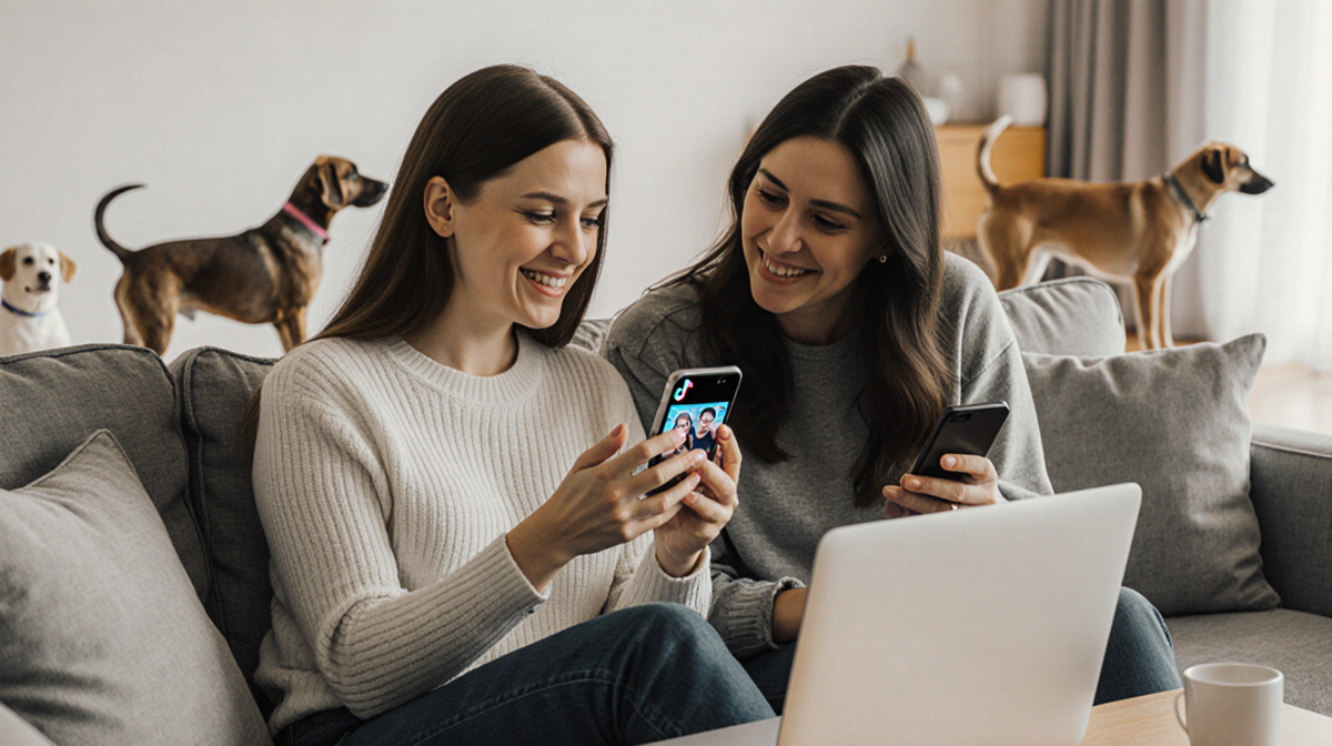 Two friends chatting on couch with laptop and phone showing TikTok video while dogs play nearby and supportive smiles