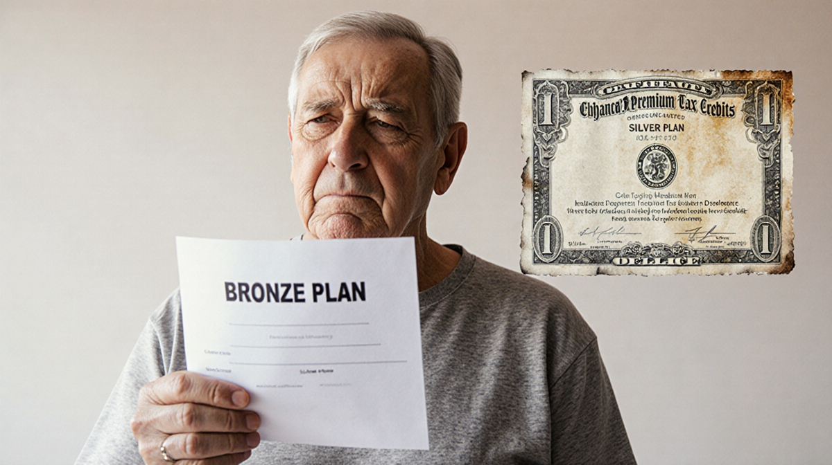 Middle-aged man holding a bronze plan certificate with a sad face and a faded silver plan behind, signaling financial strain.