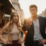 Brooke Williamson and Bobby Flay browsing vintage jewelry at London street market with diamond ring gleaming in sunset