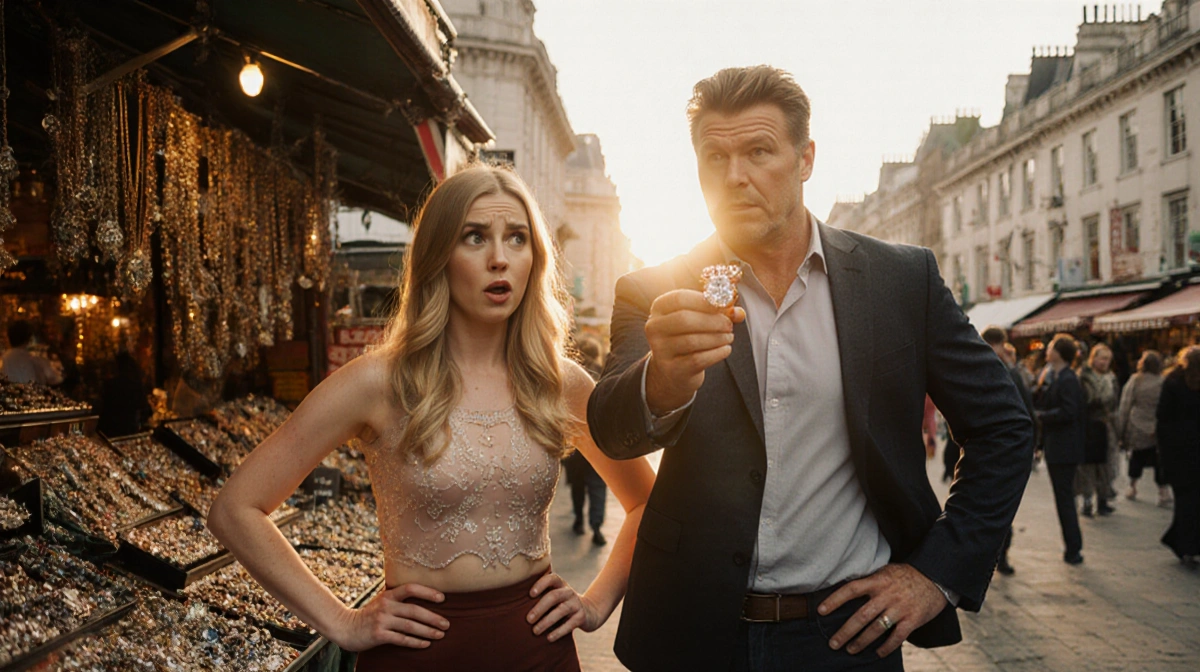 Brooke Williamson and Bobby Flay browsing vintage jewelry at London street market with diamond ring gleaming in sunset