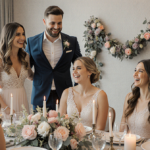 Brooke Hyland standing beside fiancé Brian Thalman with smiles gather around pastel flowers candles