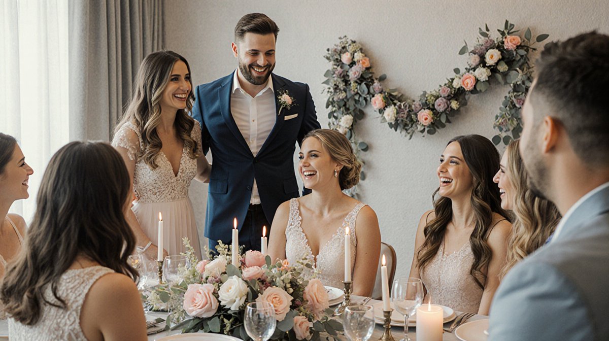 Brooke Hyland standing beside fiancé Brian Thalman with smiles gather around pastel flowers candles