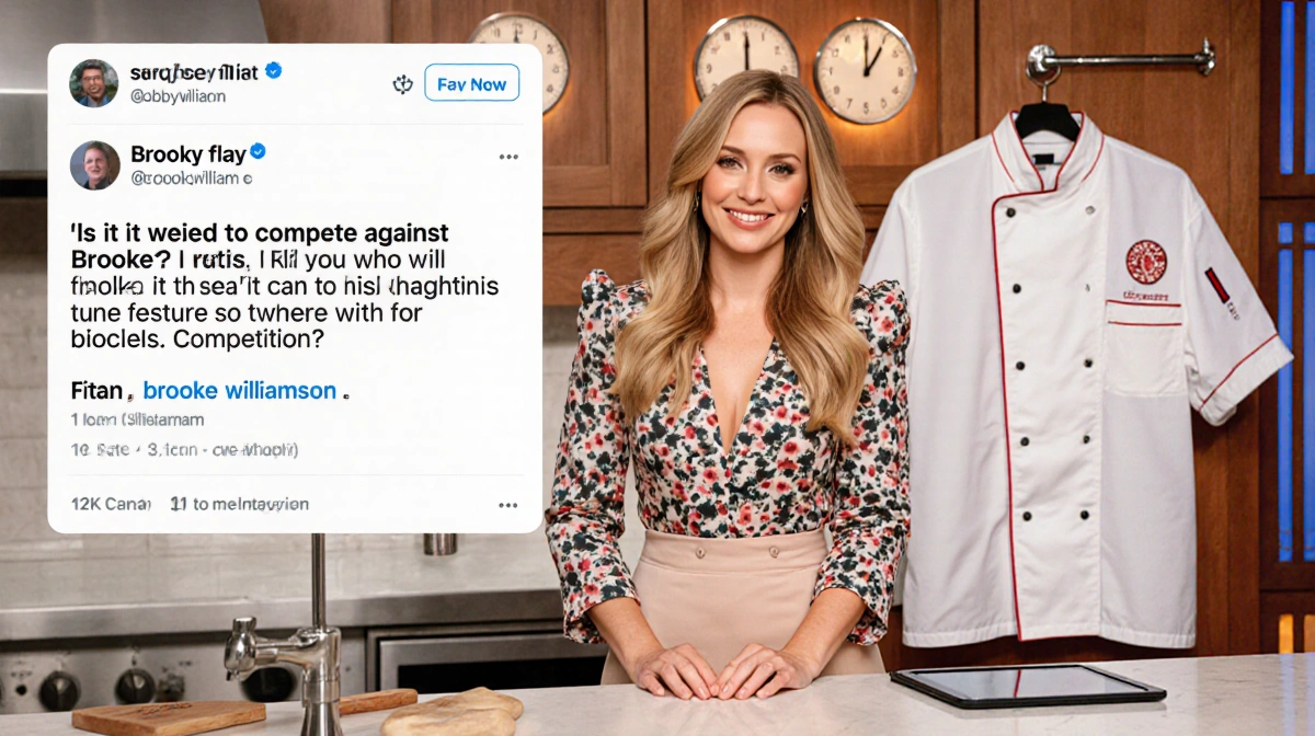 Chef Brooke Williamson stands confidently at kitchen counter with Bobby Flay's chef coat hanging nearby and tablet showing fa