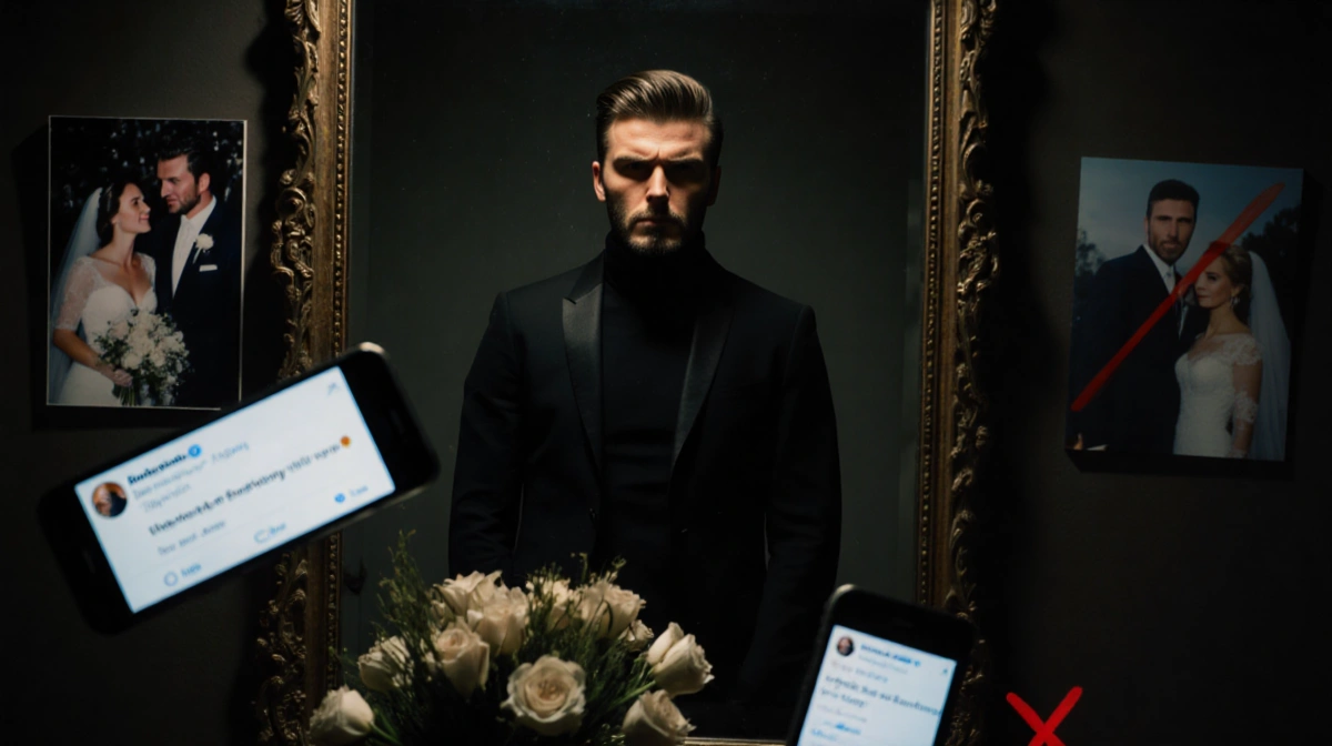 Brooklyn Beckham stands before mirror with wilted flowers and blurred wedding photo showing red X