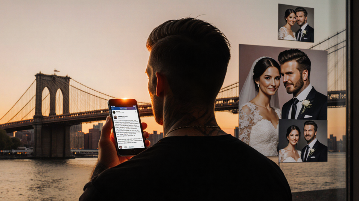 Brooklyn Beckham holding a phone with an Instagram screenshot backlit by a sunset over Brooklyn Bridge