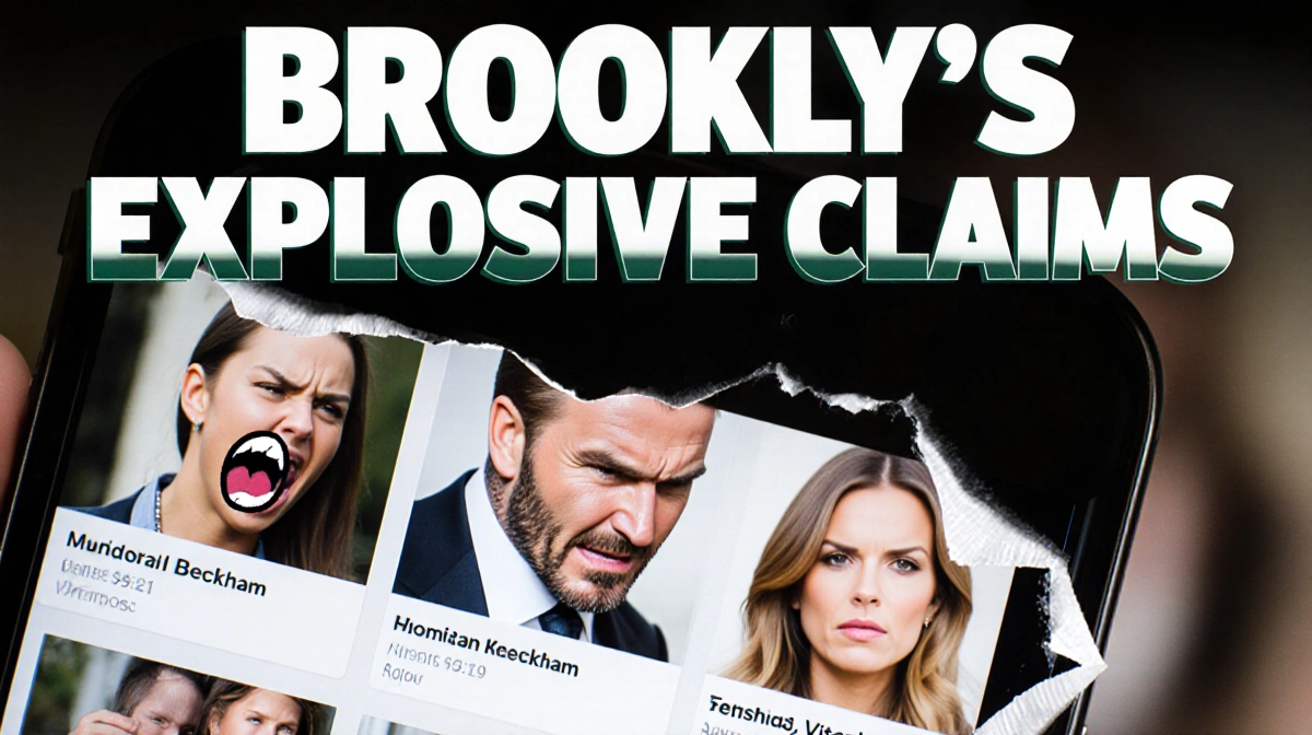 Smartphone screen shows angry shocked social media stories with Brooklyn Beckham controversy text and torn edges over blurred