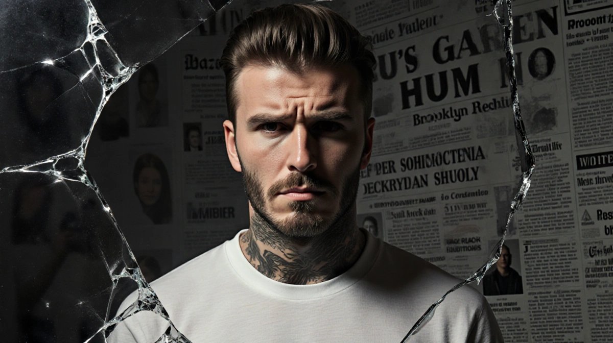 Brooklyn Beckham looking at cracked mirror with frustrated expression and news headlines behind