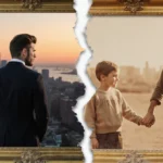 Brooklyn Beckham stands alone with city skyline and a broken frame beside a family portrait of David Beckham and his children