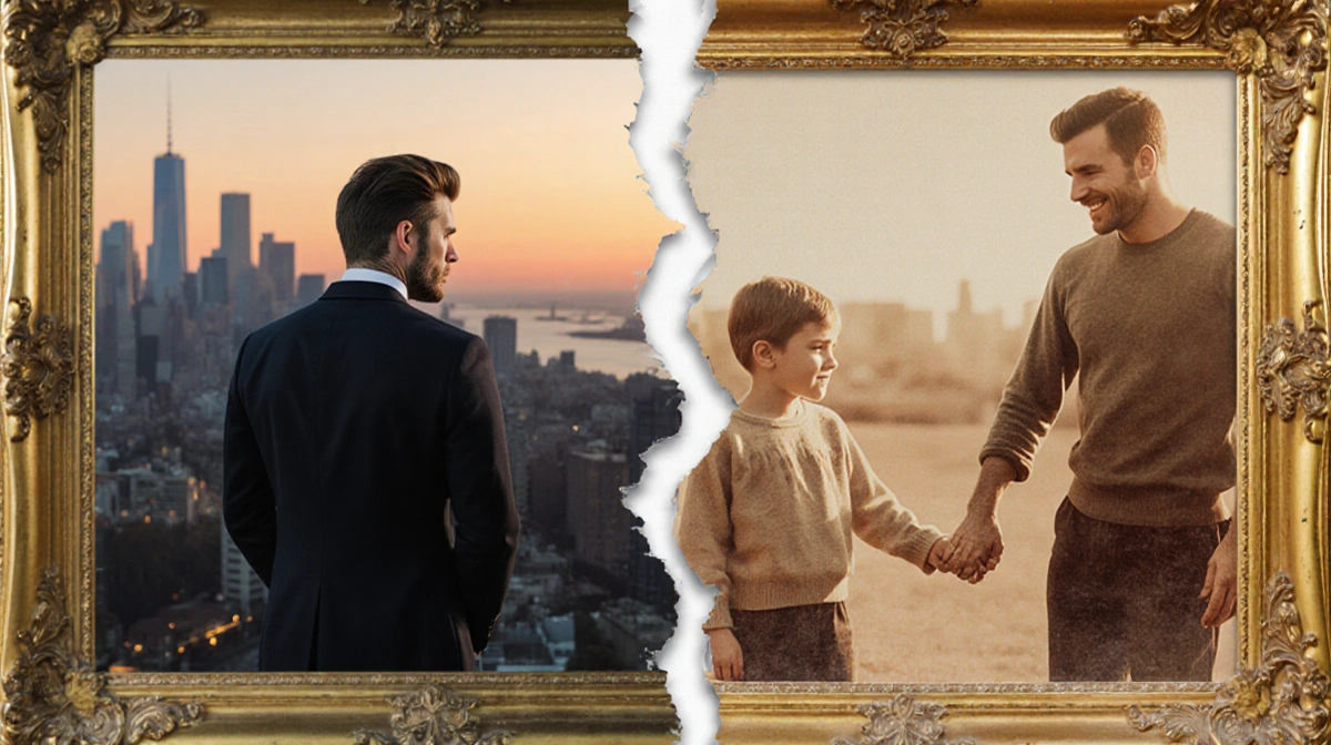 Brooklyn Beckham stands alone with city skyline and a broken frame beside a family portrait of David Beckham and his children