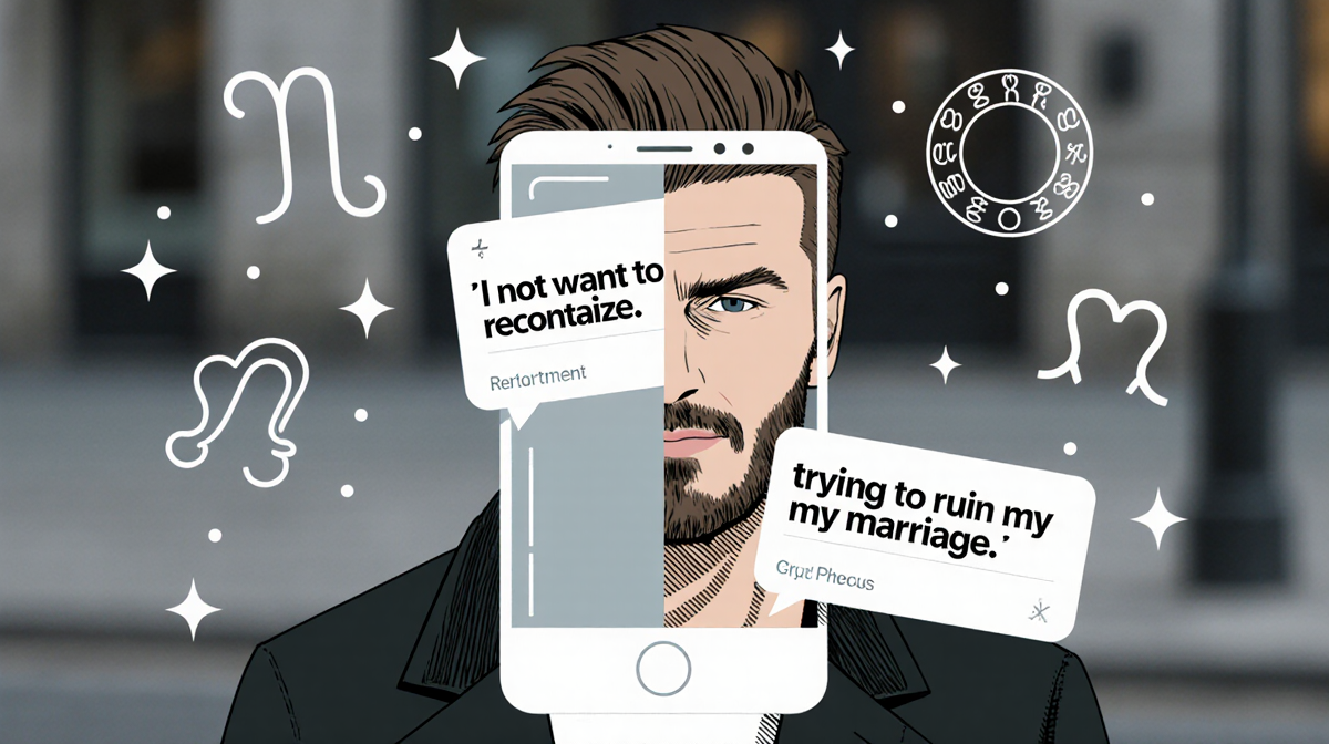 Brooklyn Beckham stands with phone showing two opposing messages about family feud with backdrop and subtle zodiac symbols