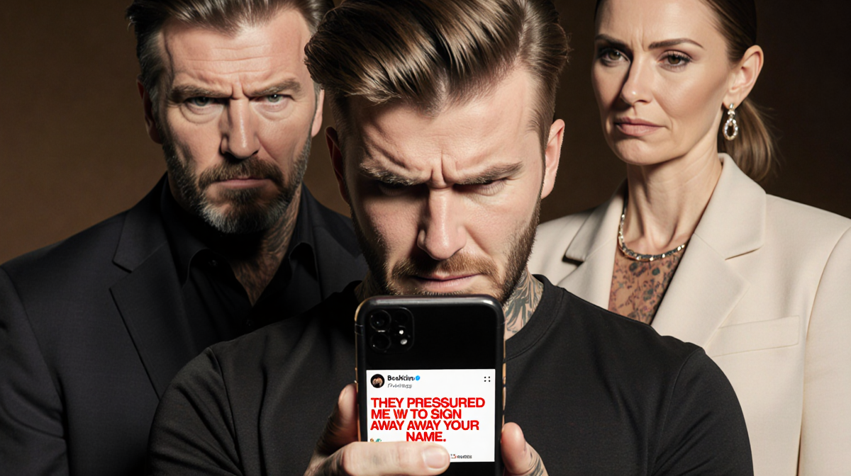 Brooklyn Beckham holding a smartphone with a scathing Instagram post visible on the screen and his parents look disapprovingl